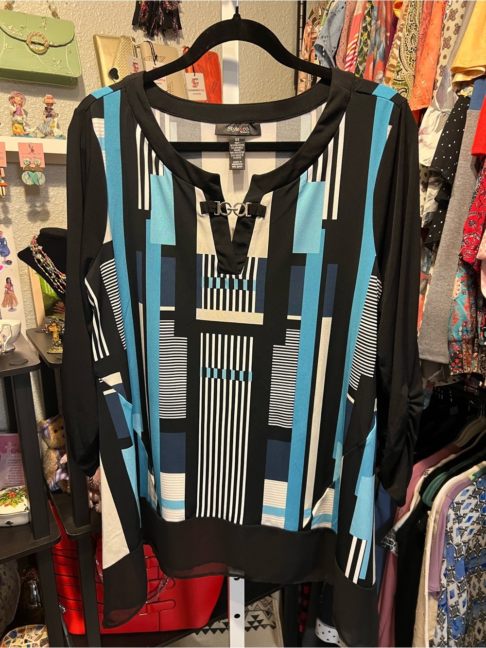 Style & Co. Black, Blue & White Geometric Print Blouse with Accent Hardware